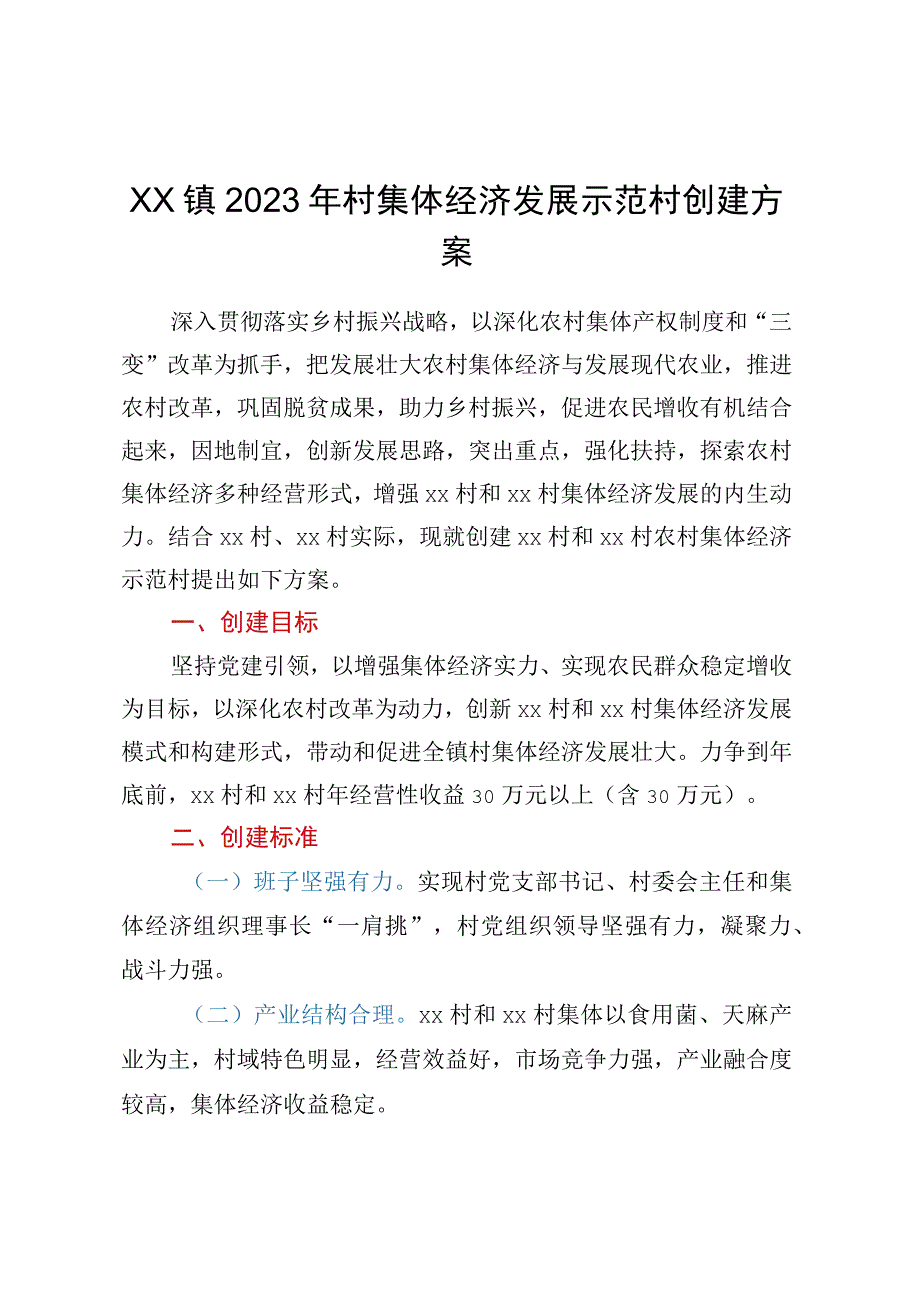 XX镇2023年村集体经济发展示范村创建方案.docx_第1页