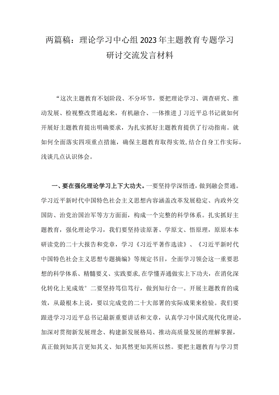 两篇稿：理论学习中心组2023年主题教育专题学习研讨交流发言材料.docx_第1页