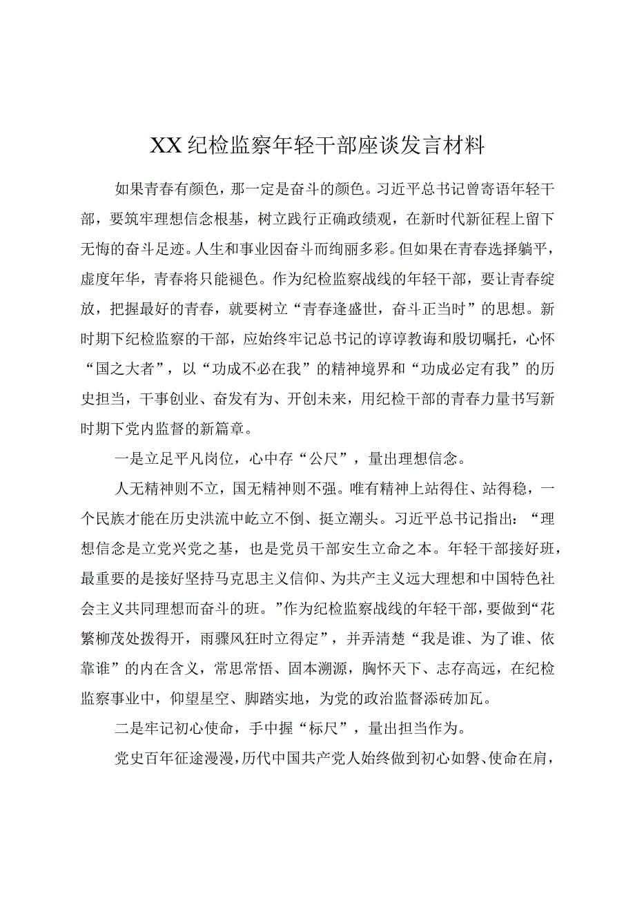 XX纪检监察年轻干部座谈发言材料.docx_第1页