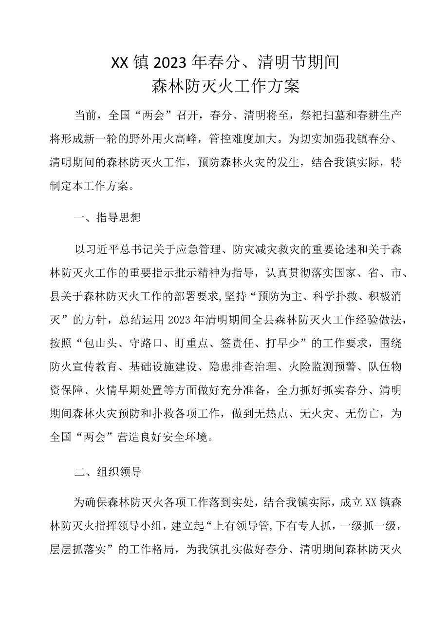 XX镇2023年春分清明节期间森林防灭火工作方案.docx_第1页