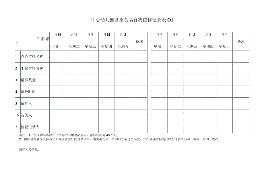 中心园食堂食品食物留样记录表 3表.docx_第1页