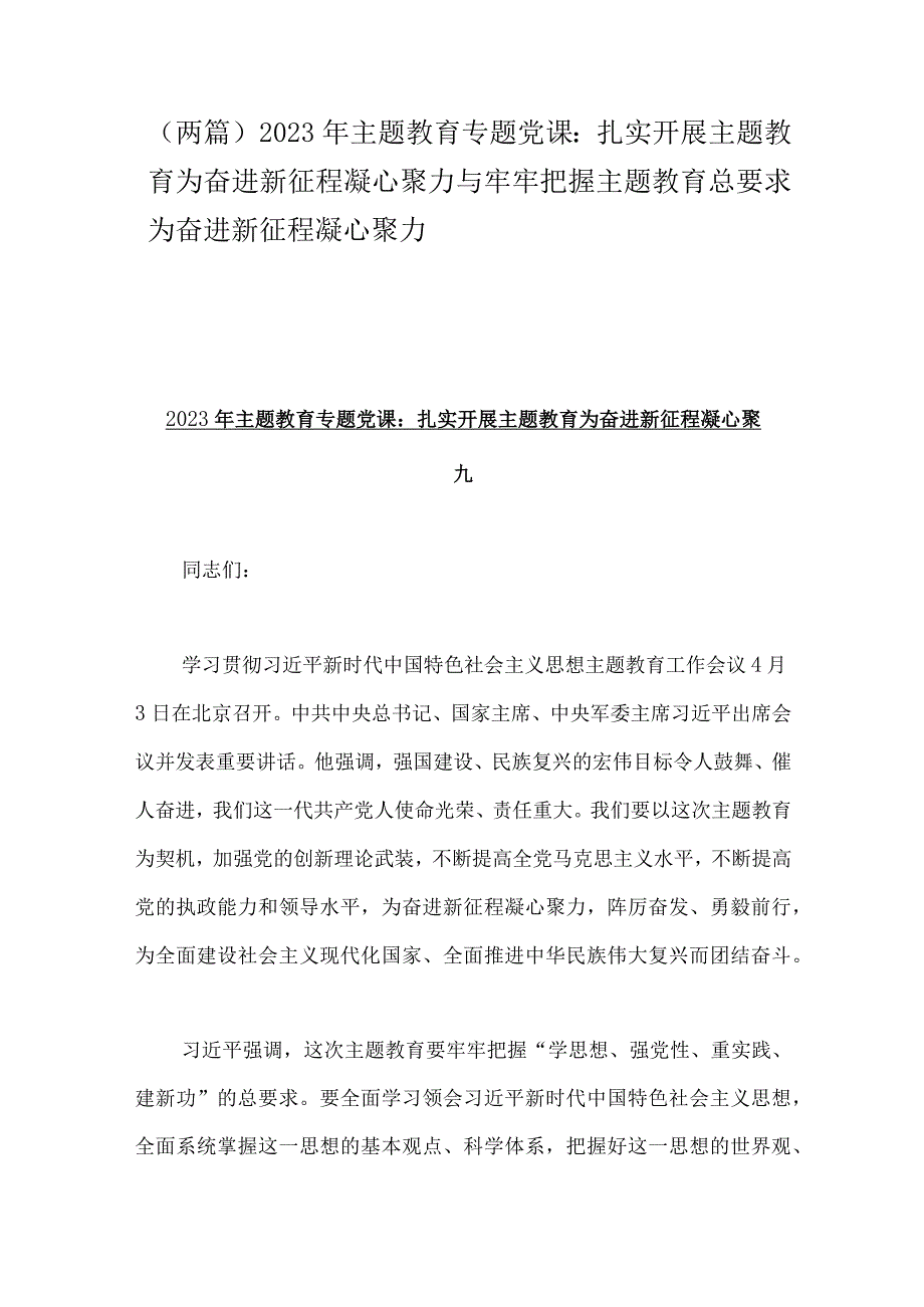 两篇2023年主题教育专题党课：扎实开展主题教育为奋进新征程凝心聚力与牢牢把握主题教育总要求为奋进新征程凝心聚力.docx_第1页