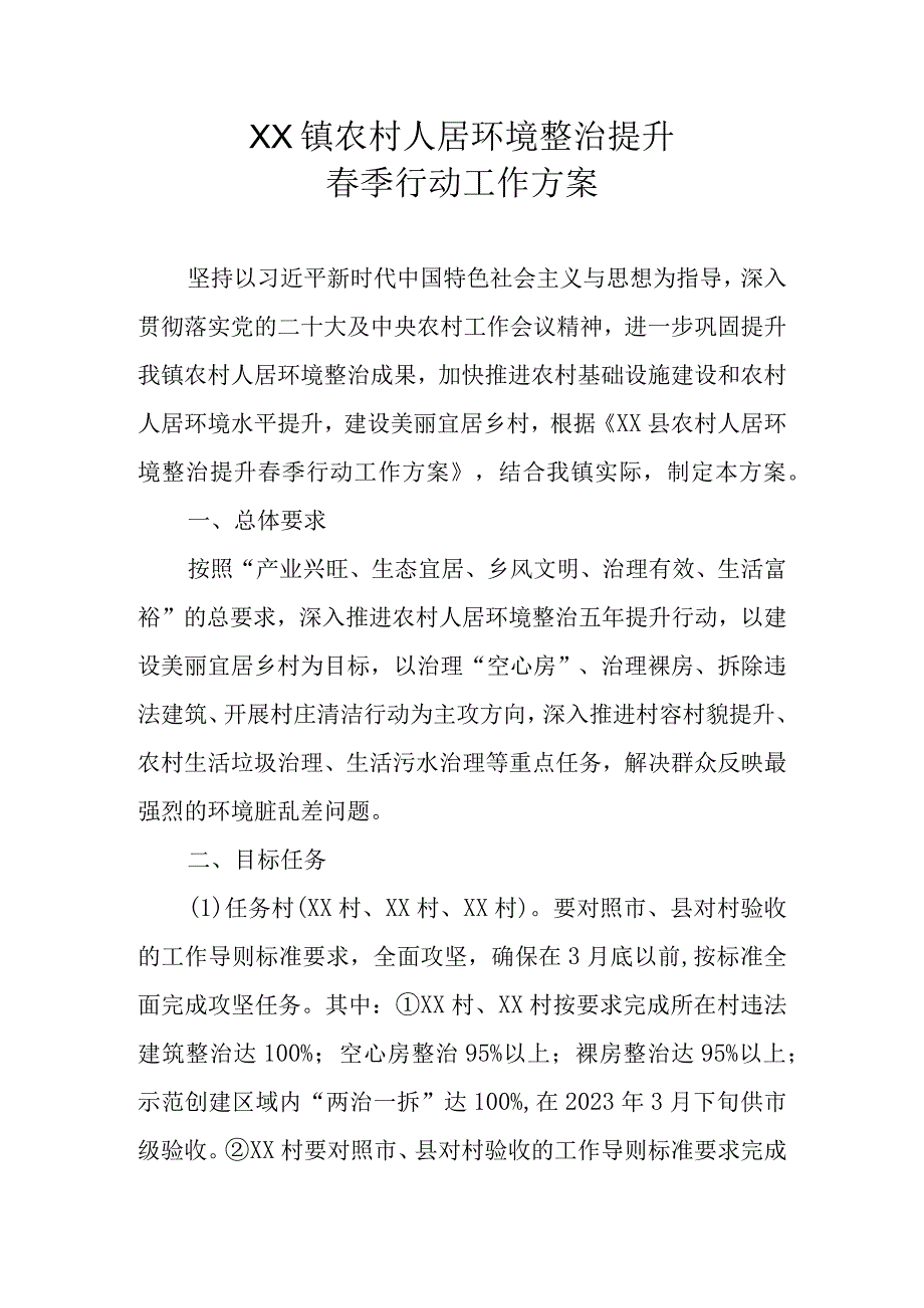 XX镇农村人居环境整治提升春季行动工作方案.docx_第1页