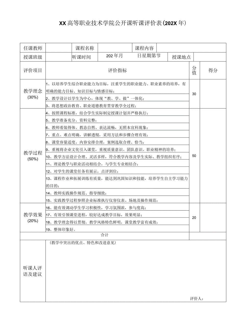 XX高等职业技术学院公开课听课评价表202X年.docx_第1页