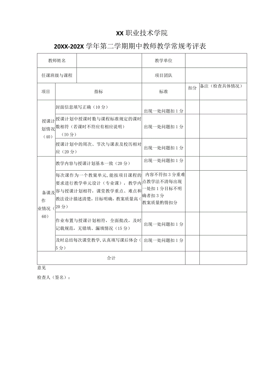 XX职业技术学院20XX202X学年第二学期期中教师教学常规考评表.docx_第1页