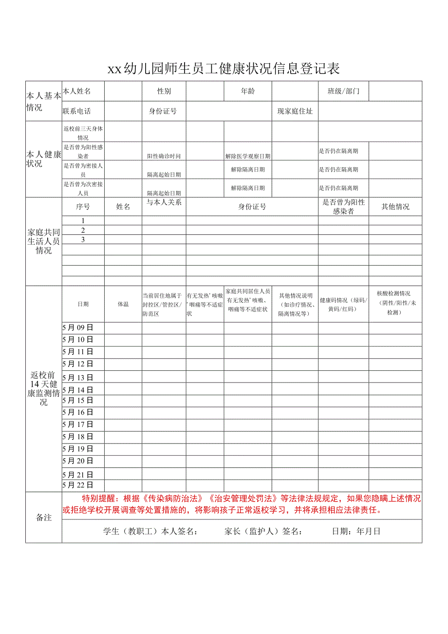 一人一档xx幼儿园师生员工健康状况信息登记表).docx_第1页