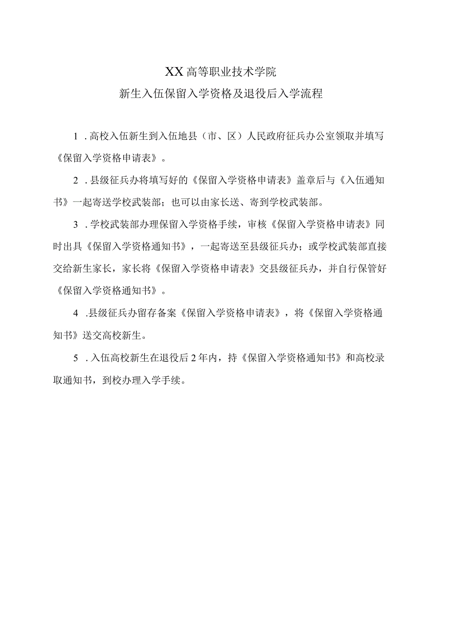 XX高等职业技术学院新生入伍保留入学资格及退役后入学流程.docx_第1页