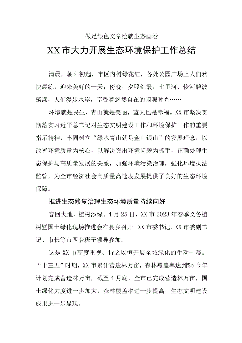 XX市生态环境保护工作总结.docx_第1页