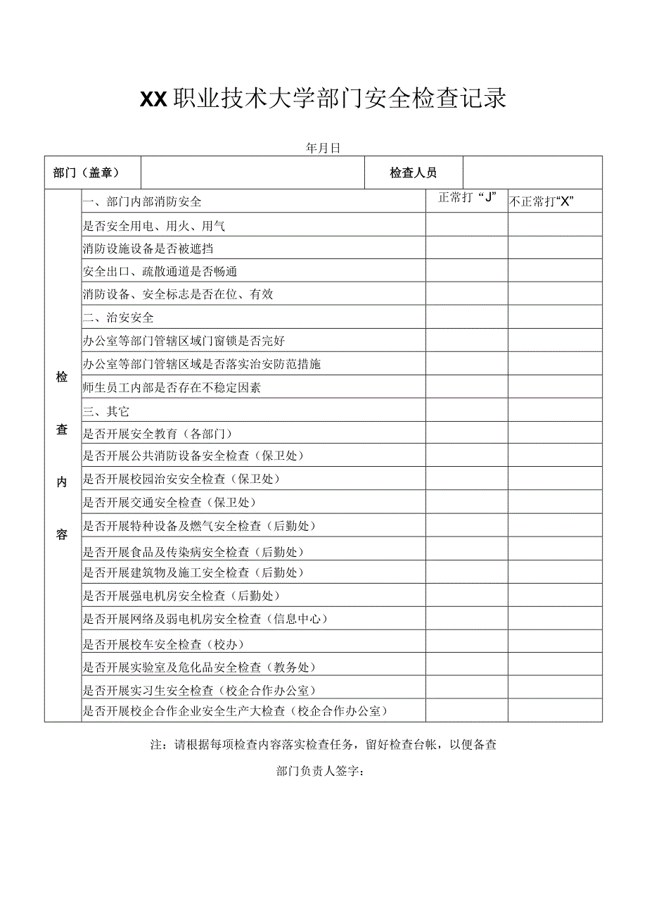 XX职业技术大学部门安全检查记录.docx_第1页