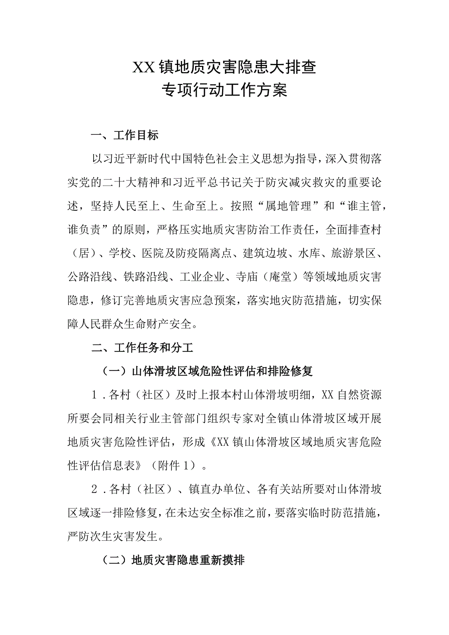 XX镇地质灾害隐患大排查专项行动工作方案.docx_第1页