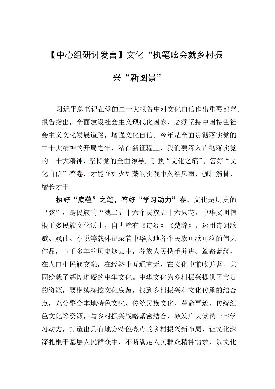 中心组研讨发言文化执笔绘就乡村振兴新图景.docx_第1页