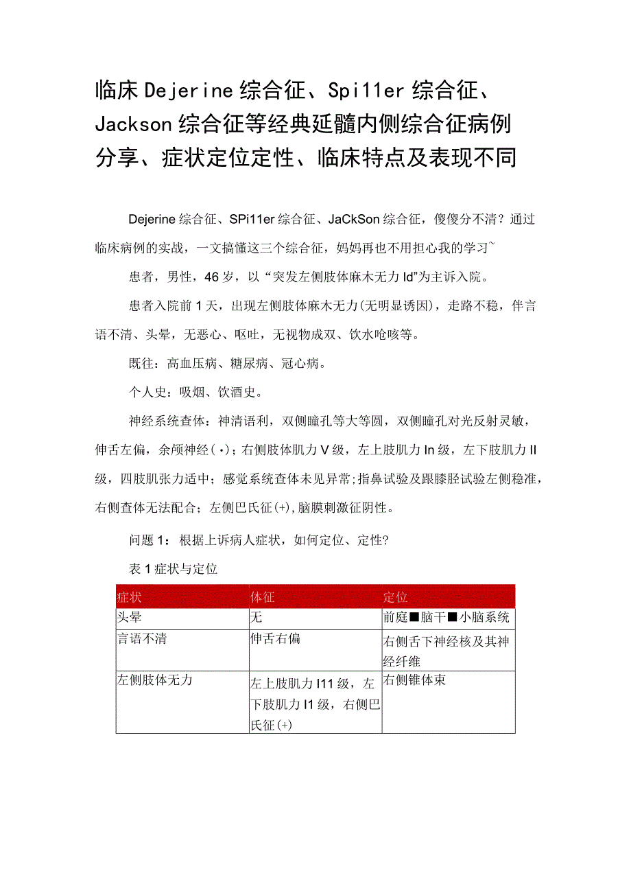 临床Dejerine综合征Spiller综合征Jackson综合征等经典延髓内侧综合征病例分享症状定位定性临床特点及表现不同.docx_第1页