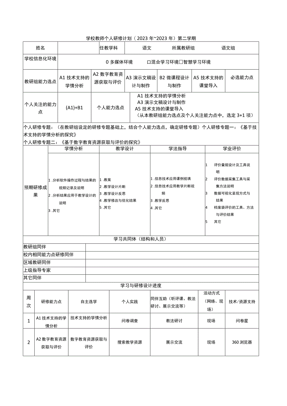 信息技术能力提升2.0教师个人研修计划.docx_第1页