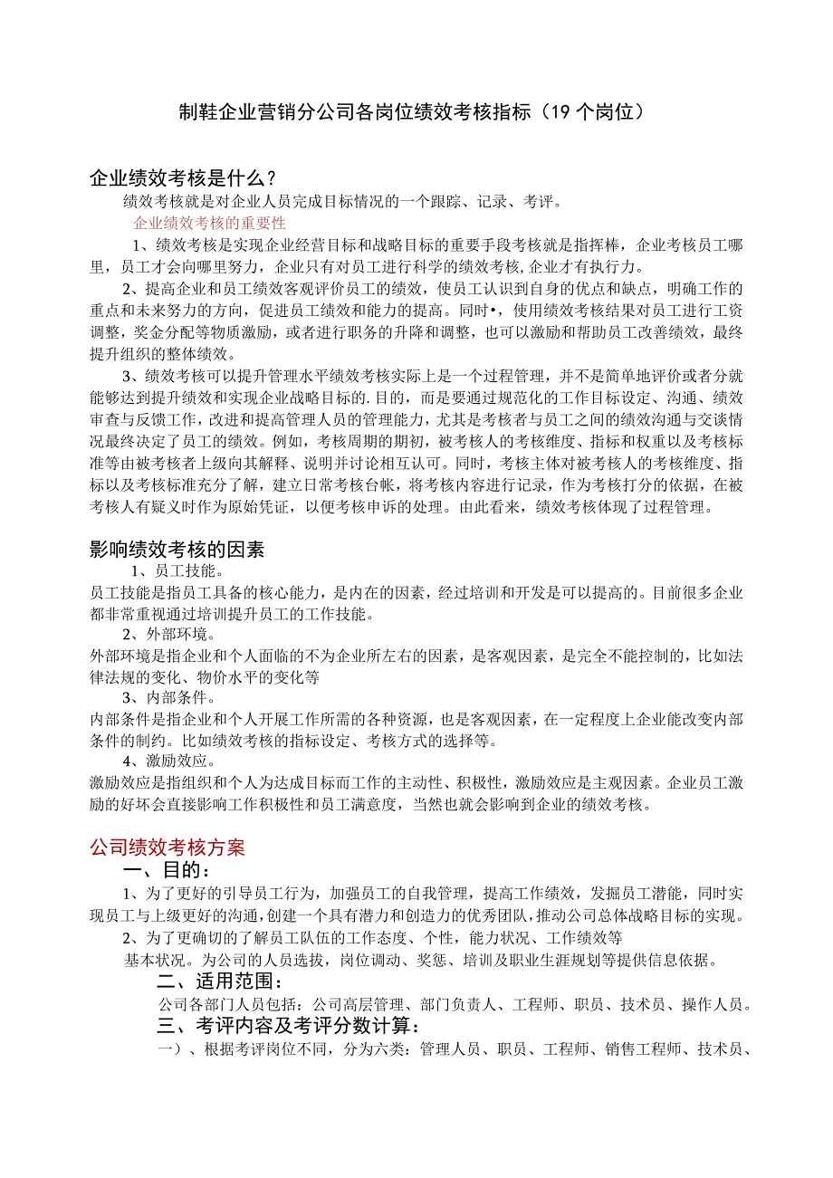 企业营销分公司各岗位绩效考核指标（19个岗位）.docx_第1页