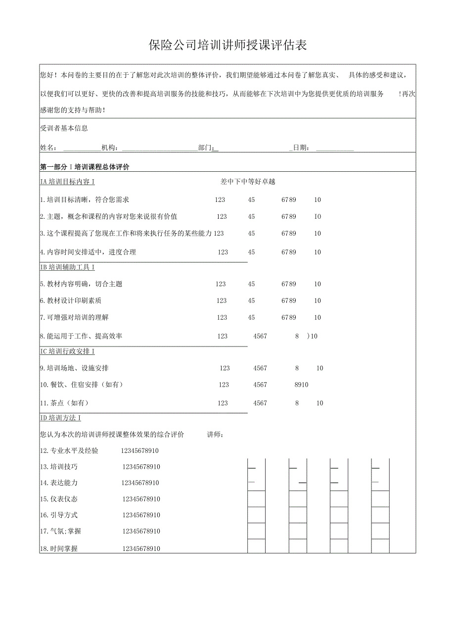 保险公司培训讲师授课评估表.docx_第1页