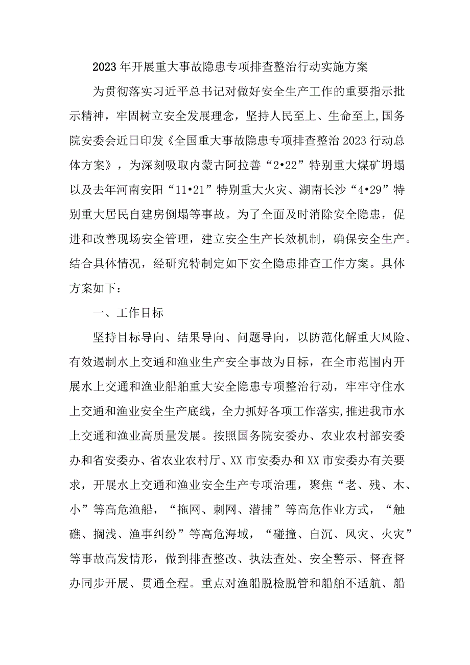 交通运输企业开展2023年重大事故隐患专项排查整治行动实施方案 合计6份.docx_第1页