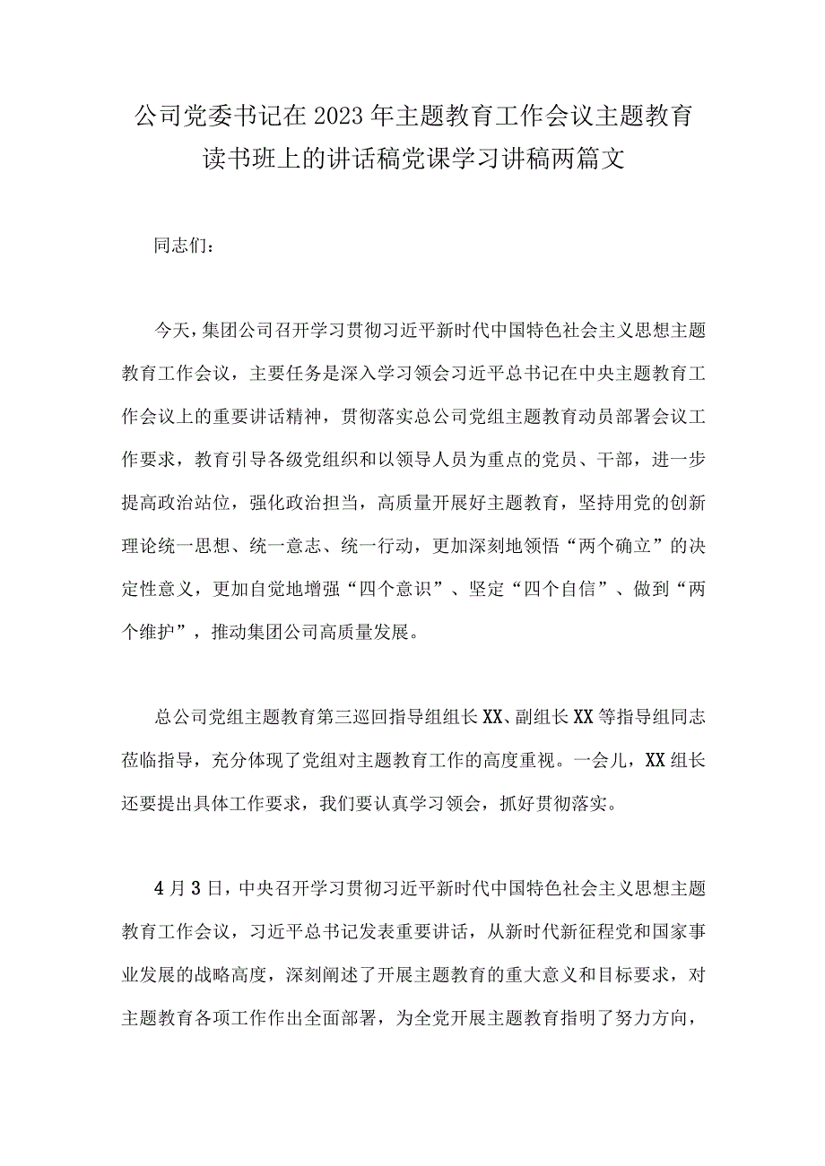 公司党委书记在2023年主题教育工作会议主题教育读书班上的讲话稿党课学习讲稿两篇文.docx_第1页