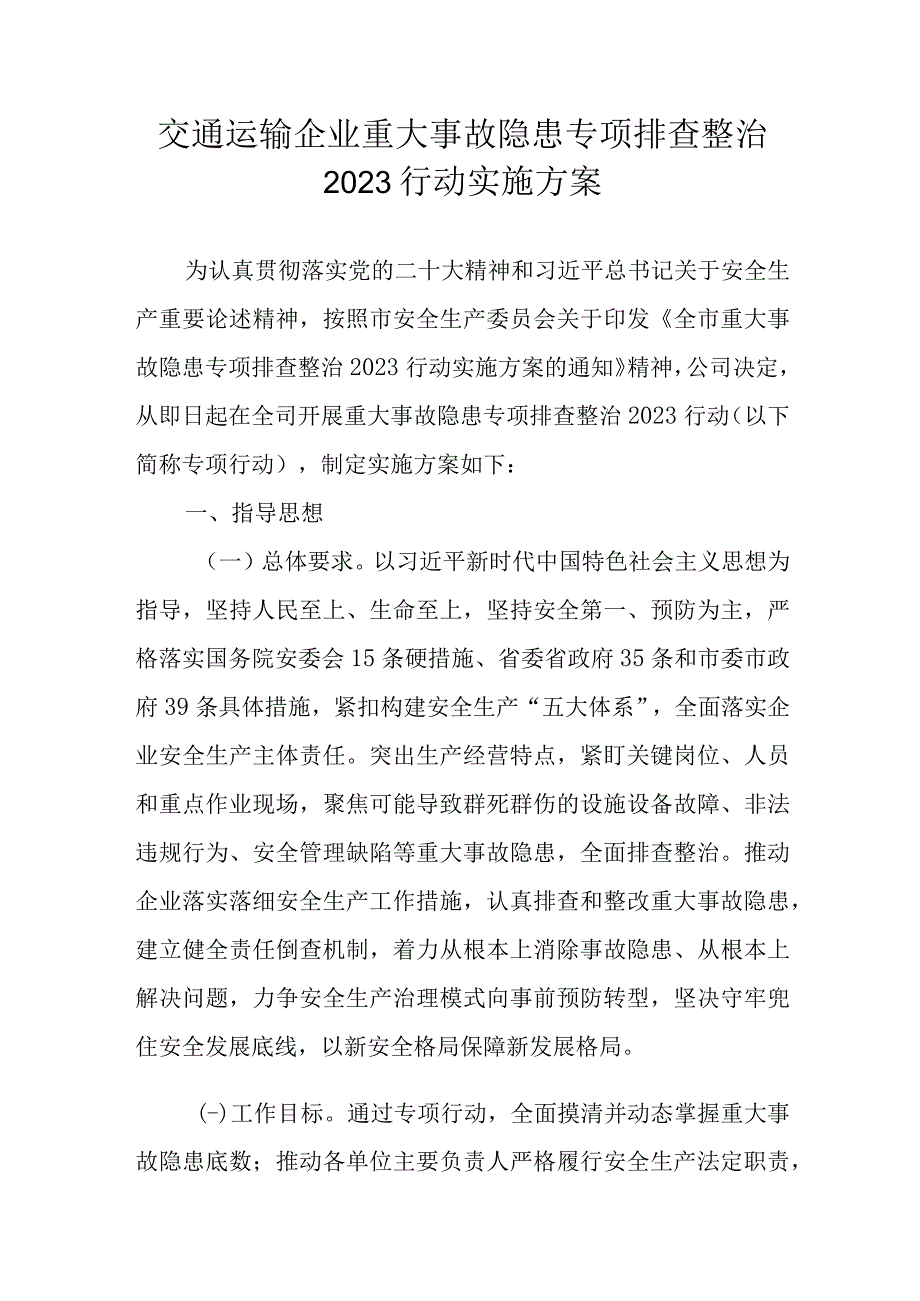 交通运输企业重大事故隐患专项排查整治2023行动实施方案.docx_第1页