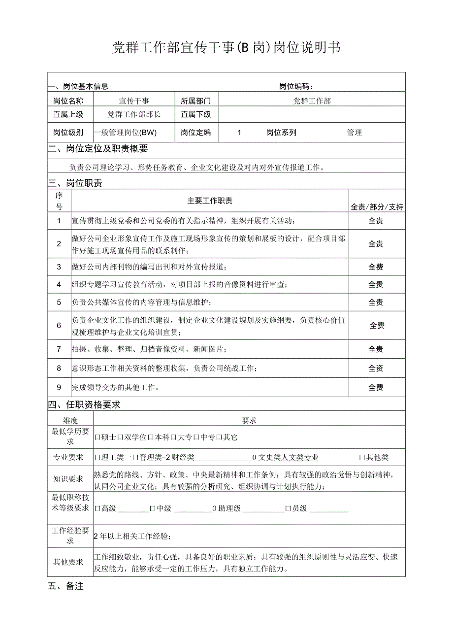 党群工作部宣传干事（B岗）岗位说明书.docx_第1页