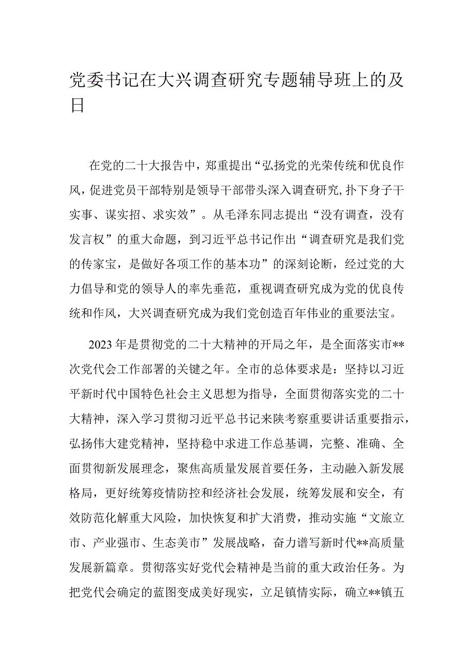 党委书记在大兴调查研究专题辅导班上的发言.docx_第1页