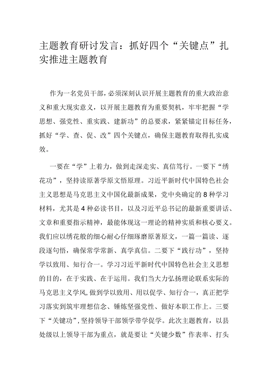 主题教育研讨发言：抓好四个“关键点” 扎实推进主题教育.docx_第1页