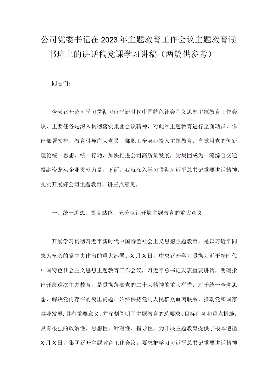 公司党委书记在2023年主题教育工作会议主题教育读书班上的讲话稿党课学习讲稿两篇供参考.docx_第1页