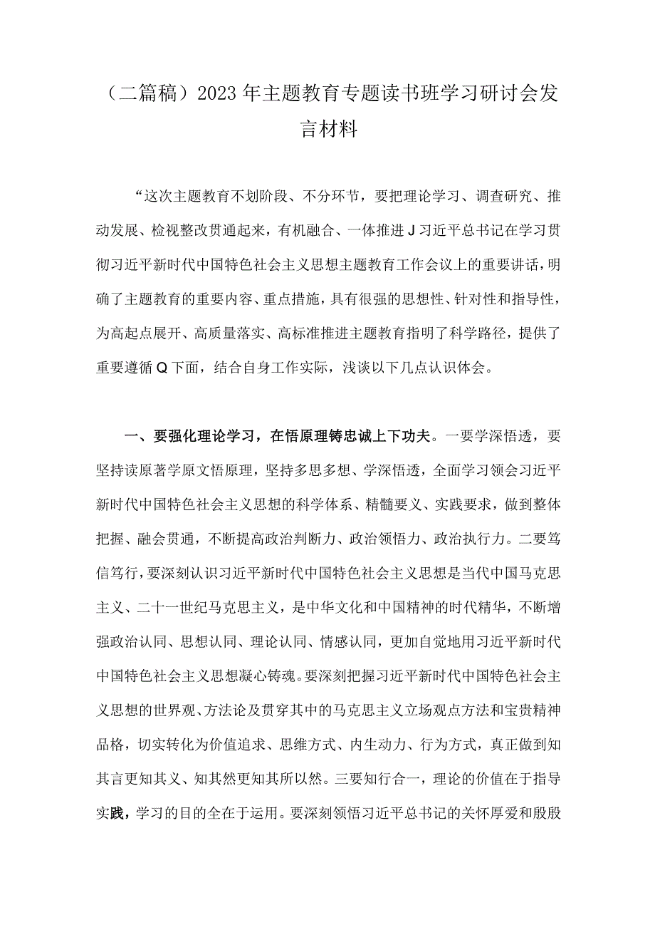 二篇稿2023年主题教育专题读书班学习研讨会发言材料.docx_第1页