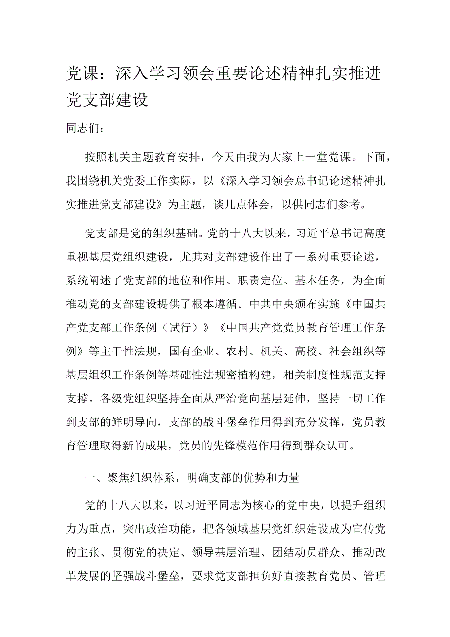 党课：深入学习领会重要论述精神 扎实推进党支部建设.docx_第1页