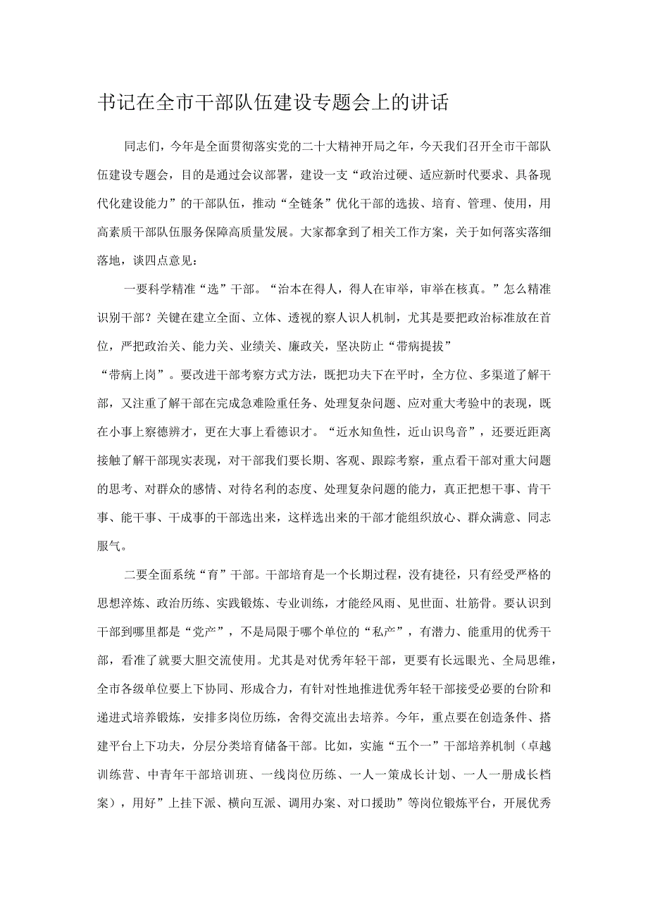 书记在全市干部队伍建设专题会上的讲话.docx_第1页