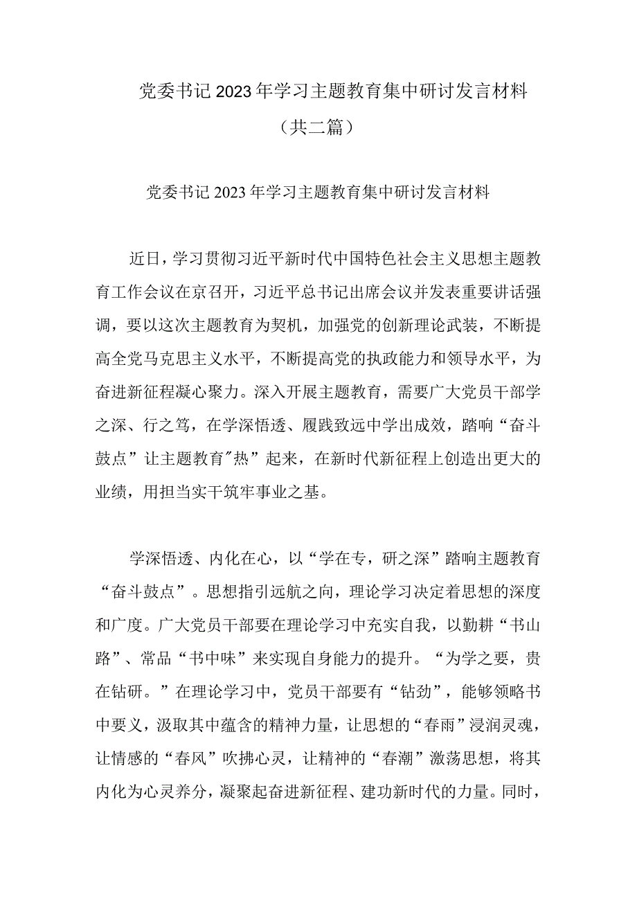 党委书记2023年学习主题教育集中研讨发言材料(共二篇).docx_第1页