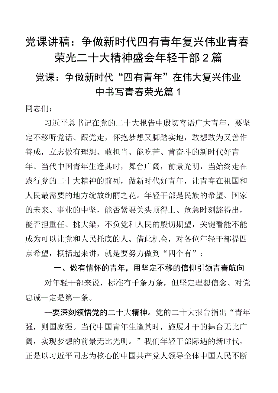 党课讲稿争做新时代四有青年复兴伟业青春荣光二十大精神盛会年轻干部2篇.docx_第1页