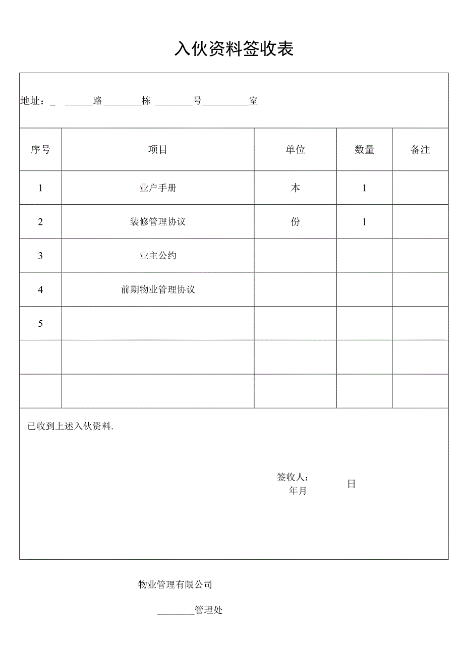 入伙资料签收表secret工程文档范本.docx_第1页