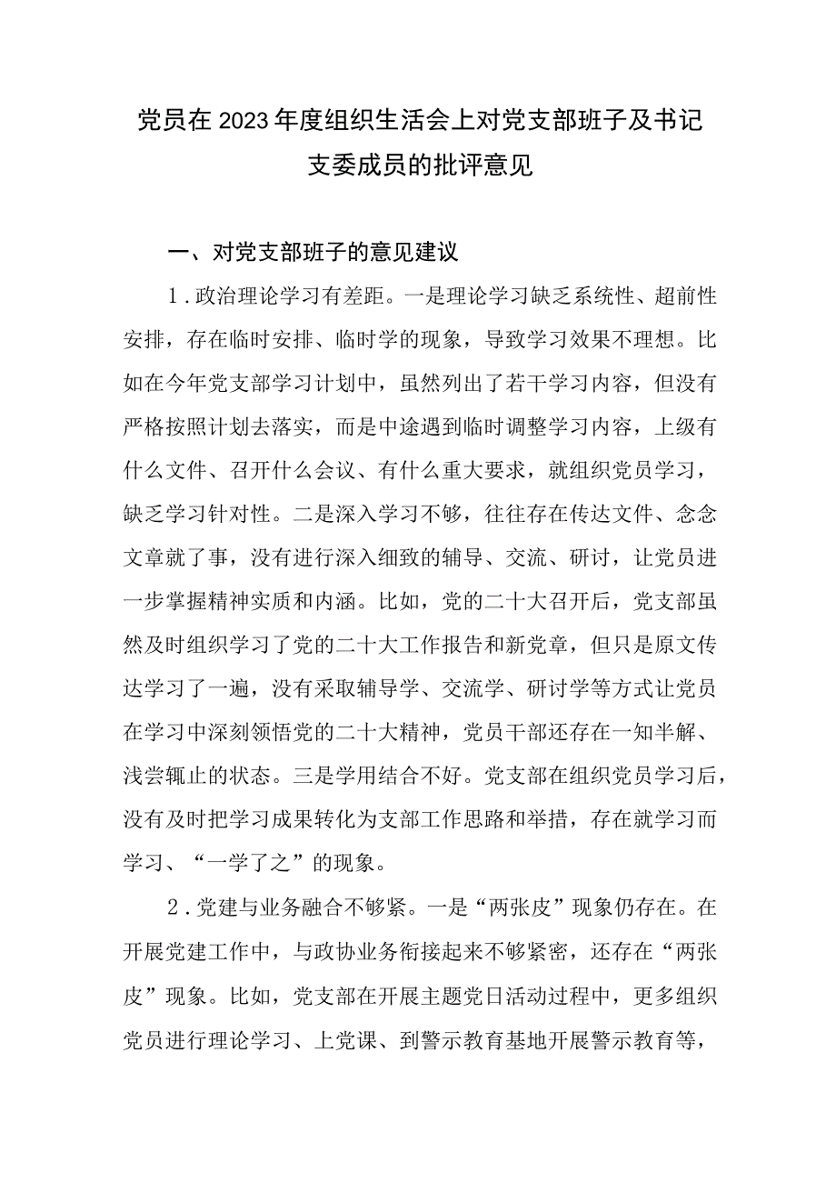 党员干部在2022年度组织生活会上对党支部班子及书记支委成员委员的批评意见.docx_第2页