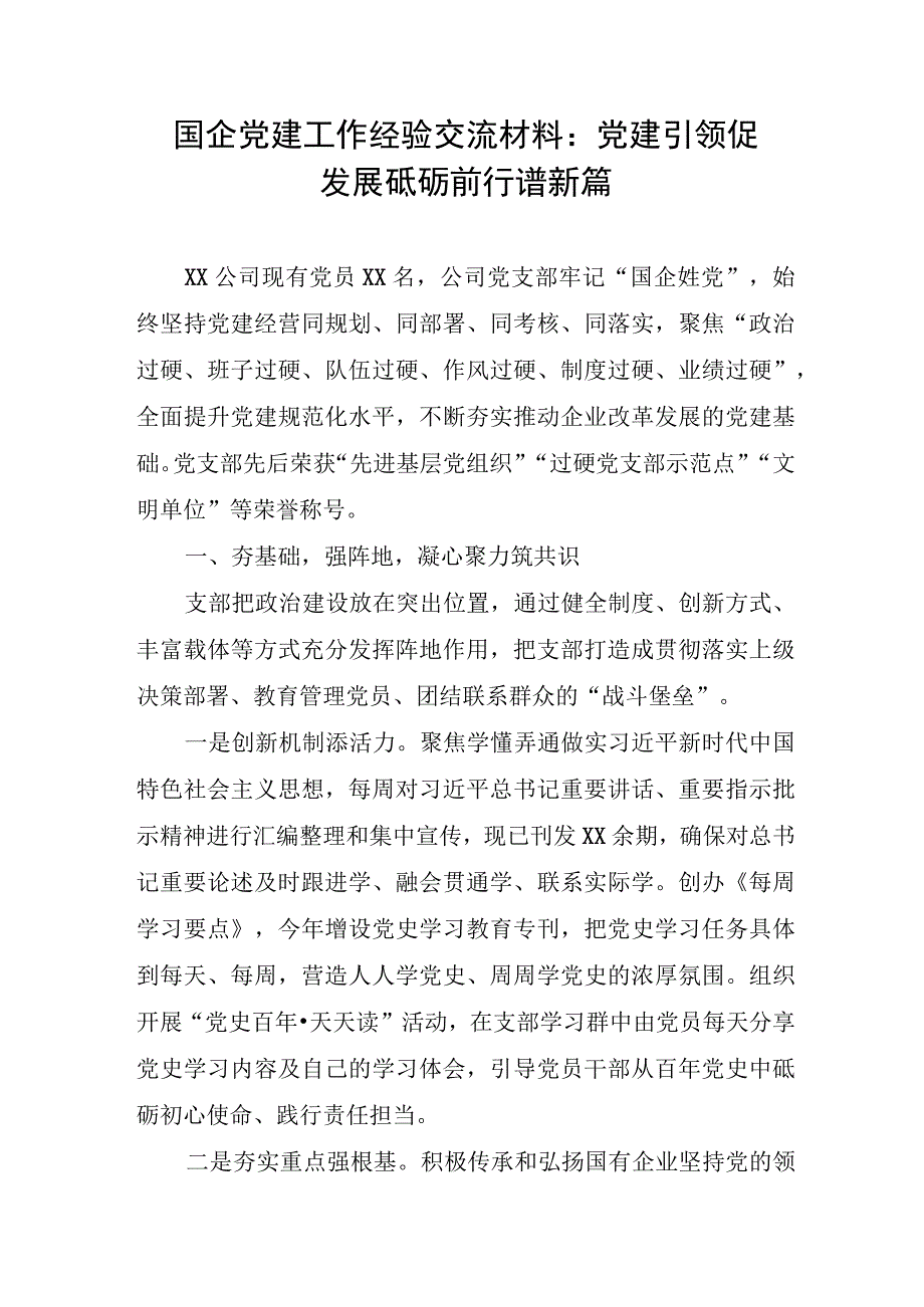 企业：国企党建工作经验交流材料：党建引领促发展 砥砺前行谱新篇.docx_第1页