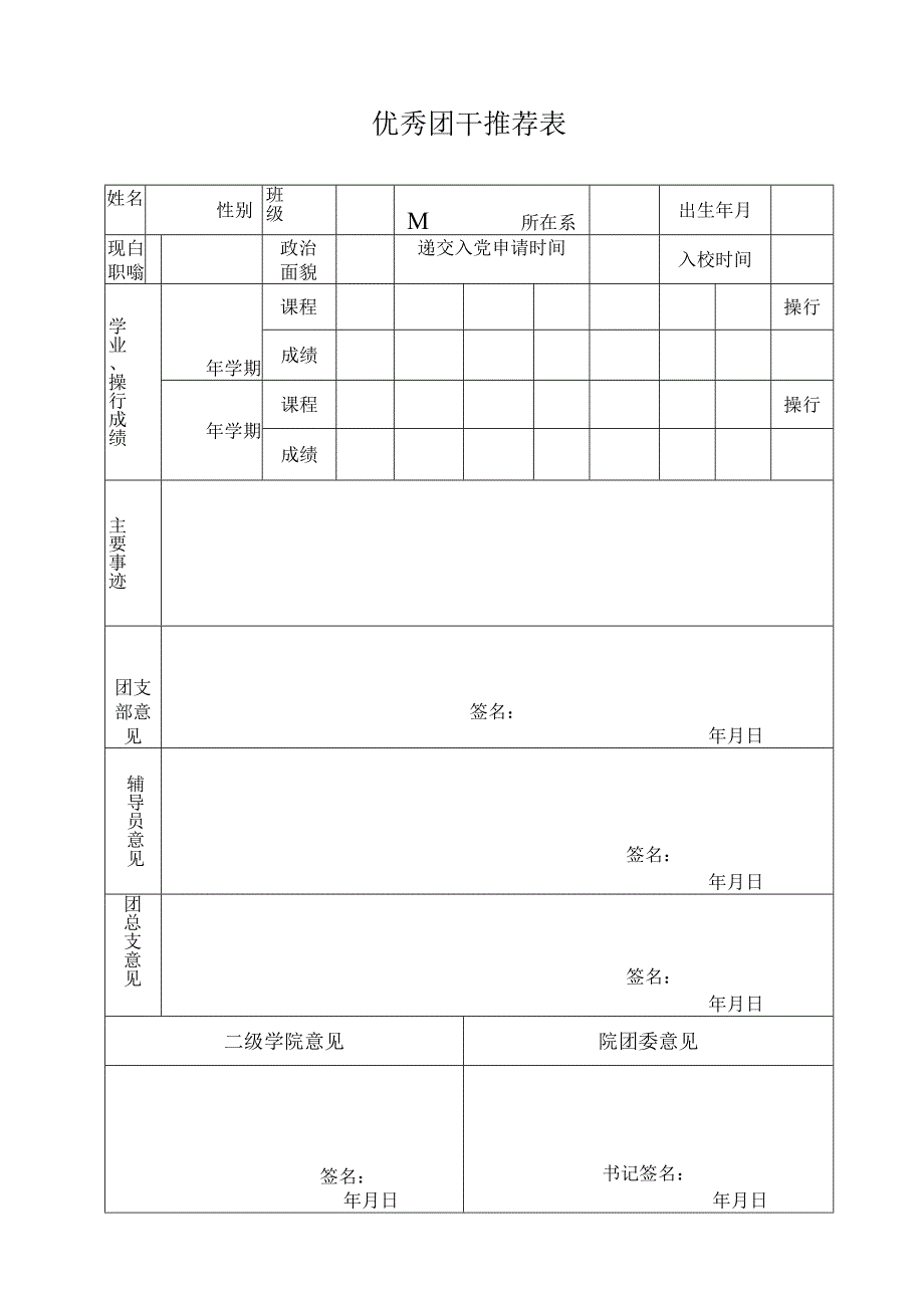 优秀团干推荐表.docx_第1页