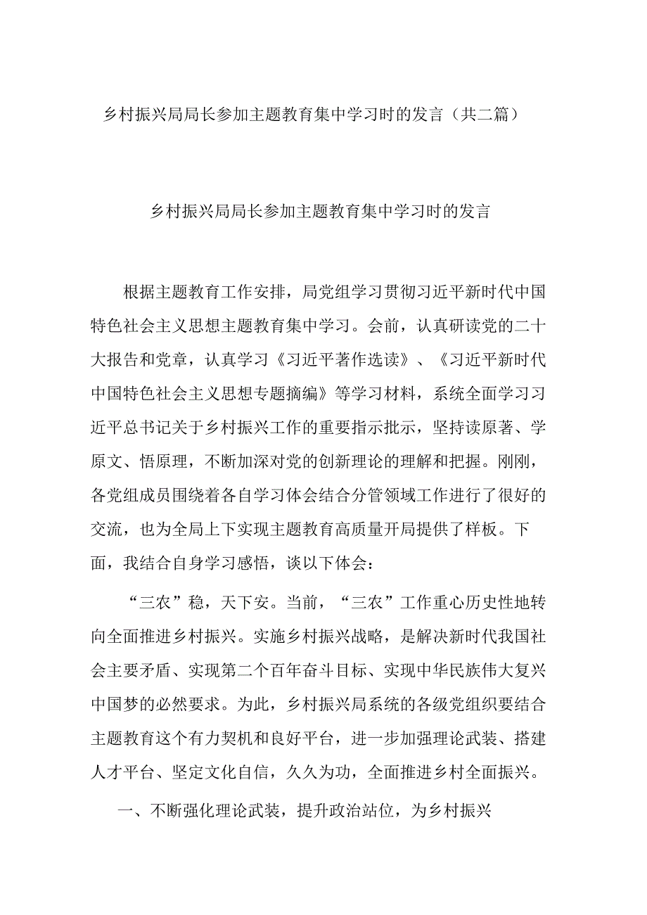 乡村振兴局局长参加主题教育集中学习时的发言(共二篇).docx_第1页