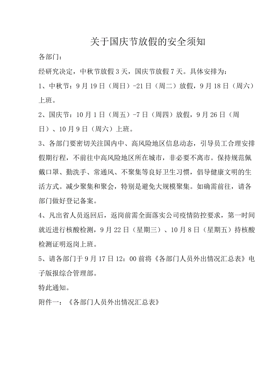 关于国庆节放假的安全须知.docx_第1页