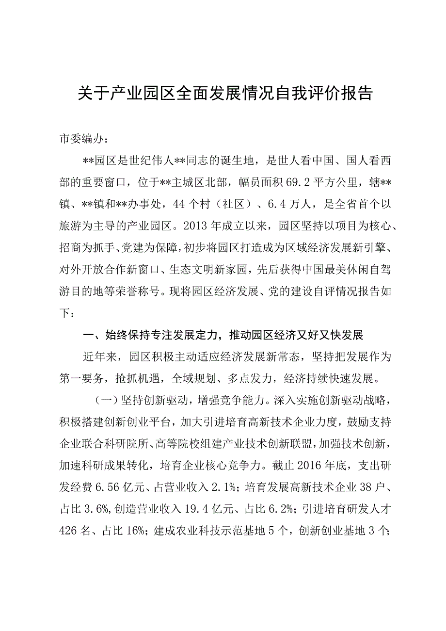 关于产业园区全面发展情况自我评价报告.docx_第1页