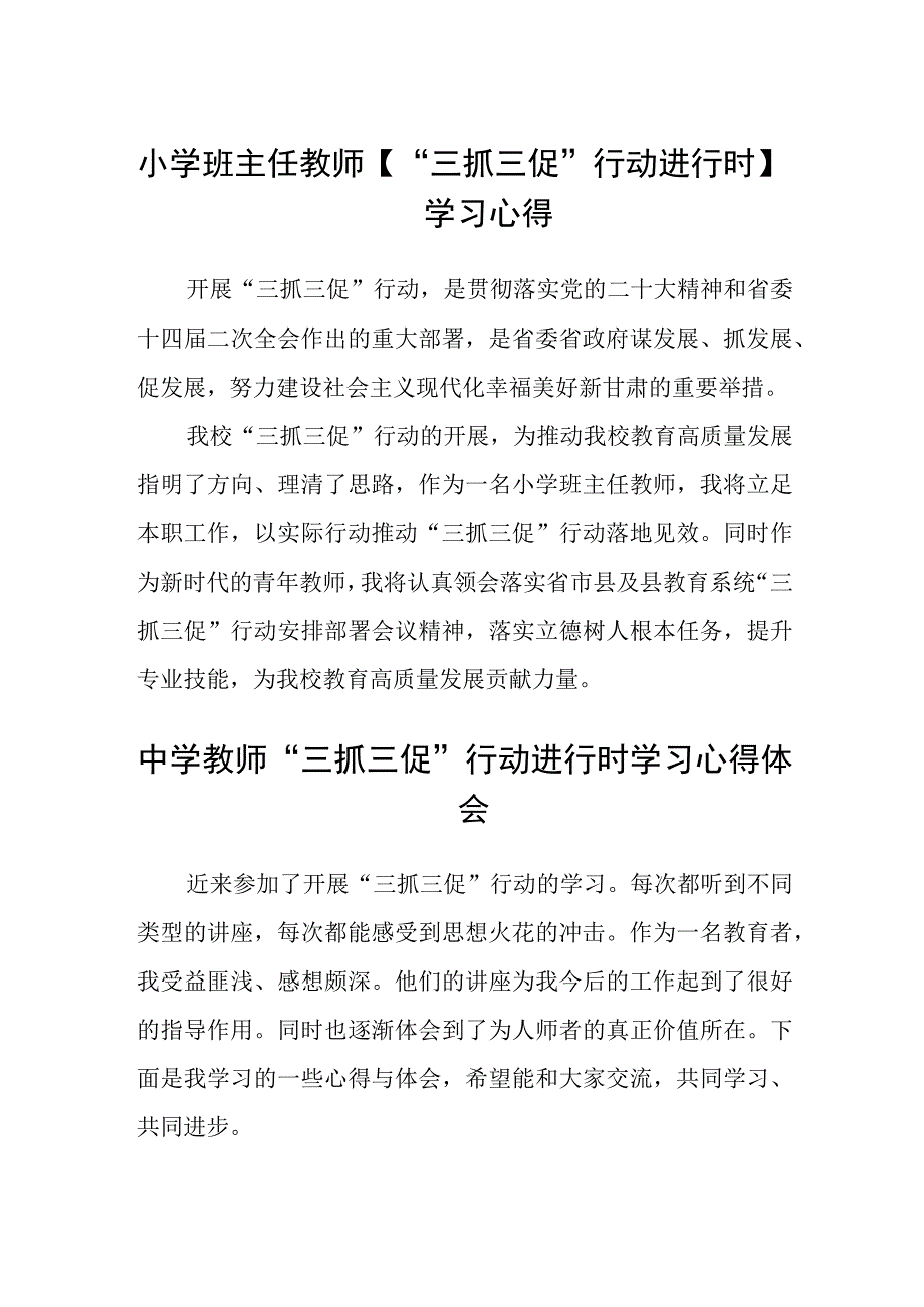 共三篇小学班主任教师三抓三促行动进行时学习心得.docx_第1页