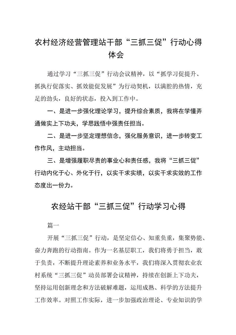 农村经济经营管理站干部三抓三促行动心得体会范文参考三篇.docx_第1页