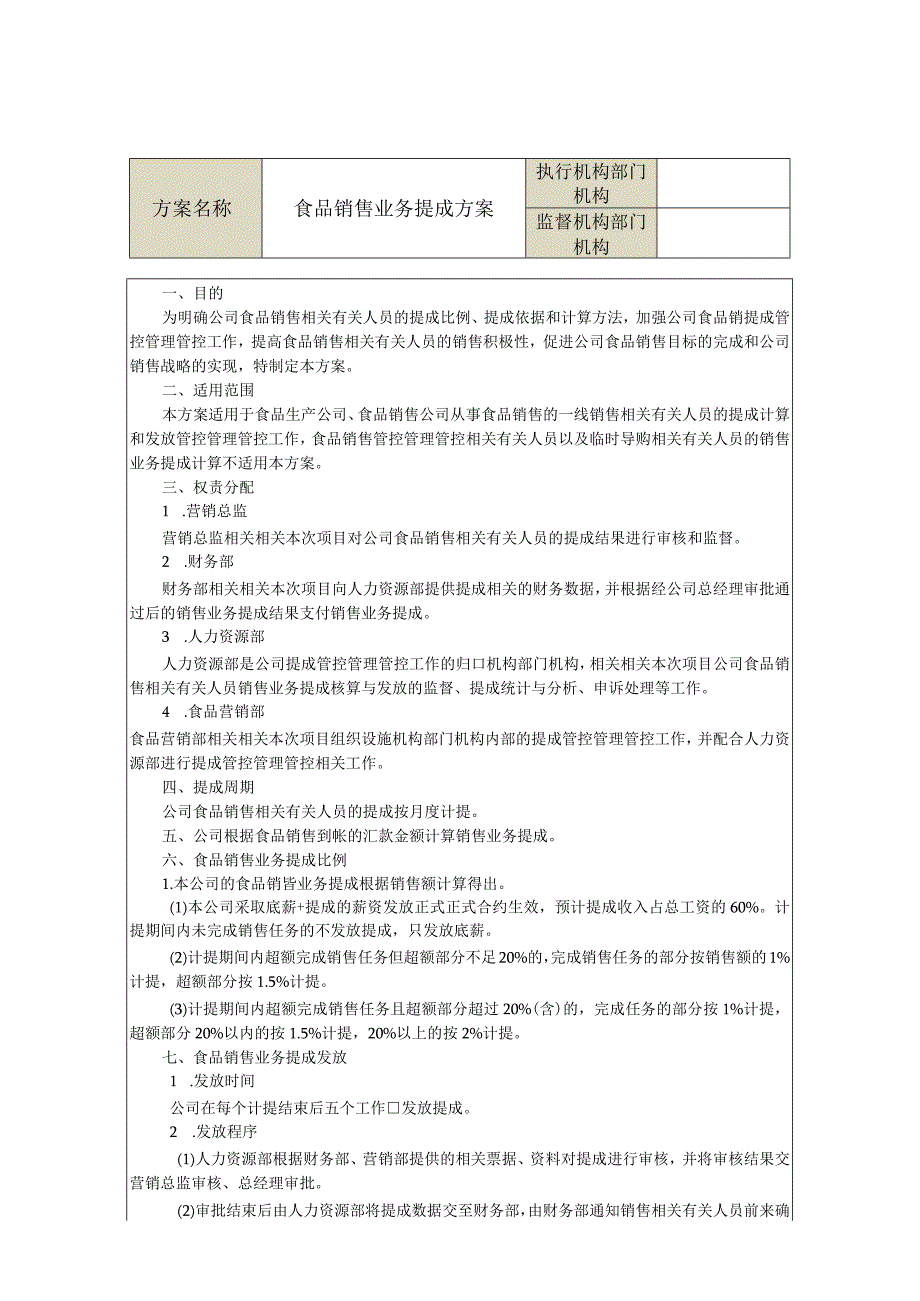 办公文档范本食品销售业务提成方案.docx_第1页