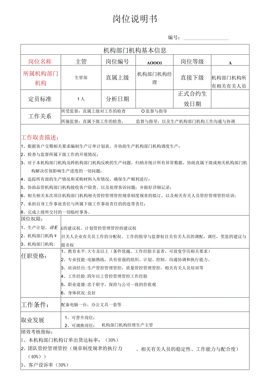 办公文档范本生管部主管岗位说明书.docx_第1页