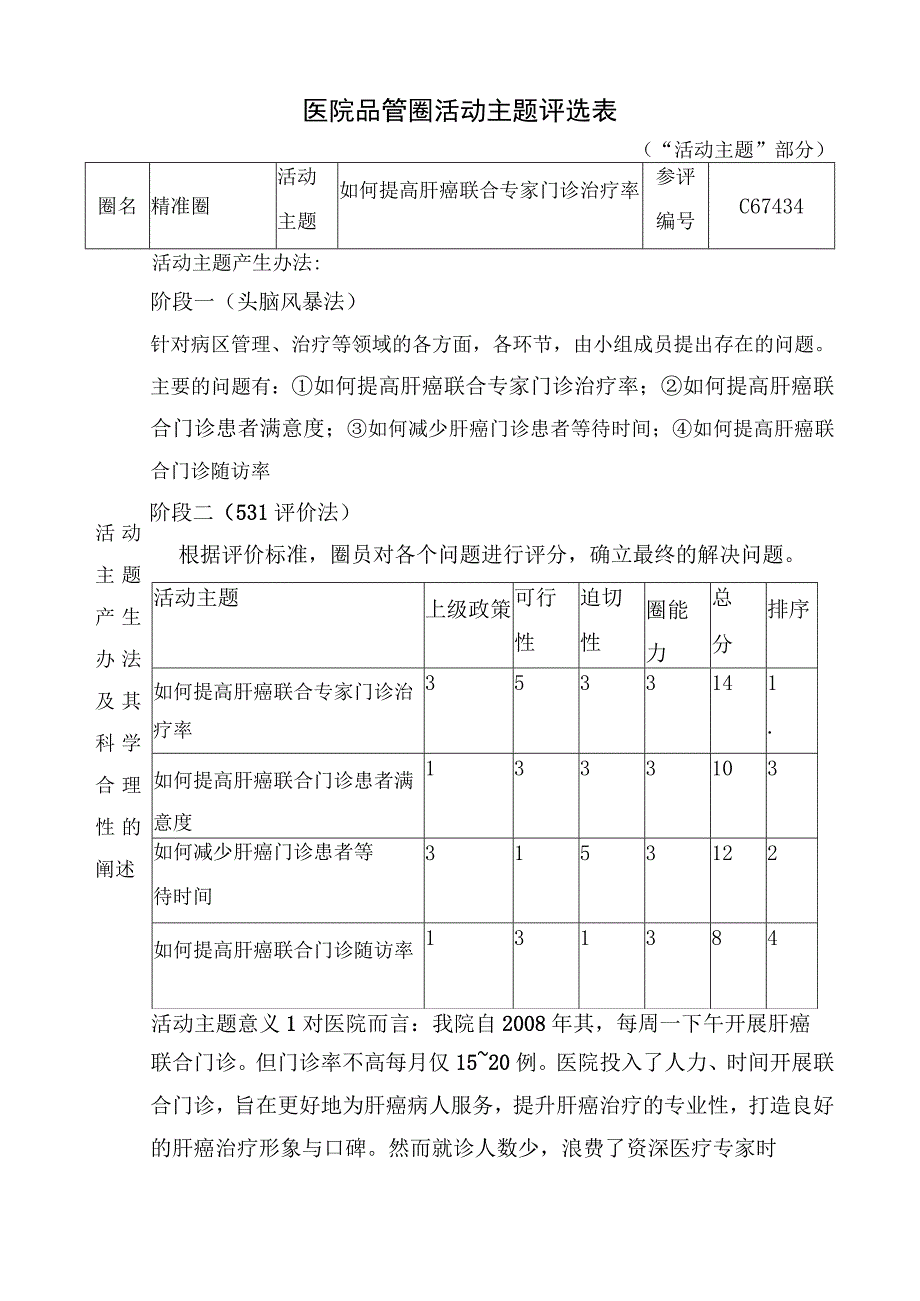 医院品管圈如何提高肝癌联合专家门诊治疗率活动主题评选表.docx_第1页