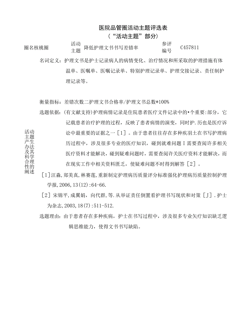 医院品管圈降低护理文书书写差错率活动主题评选表.docx_第1页