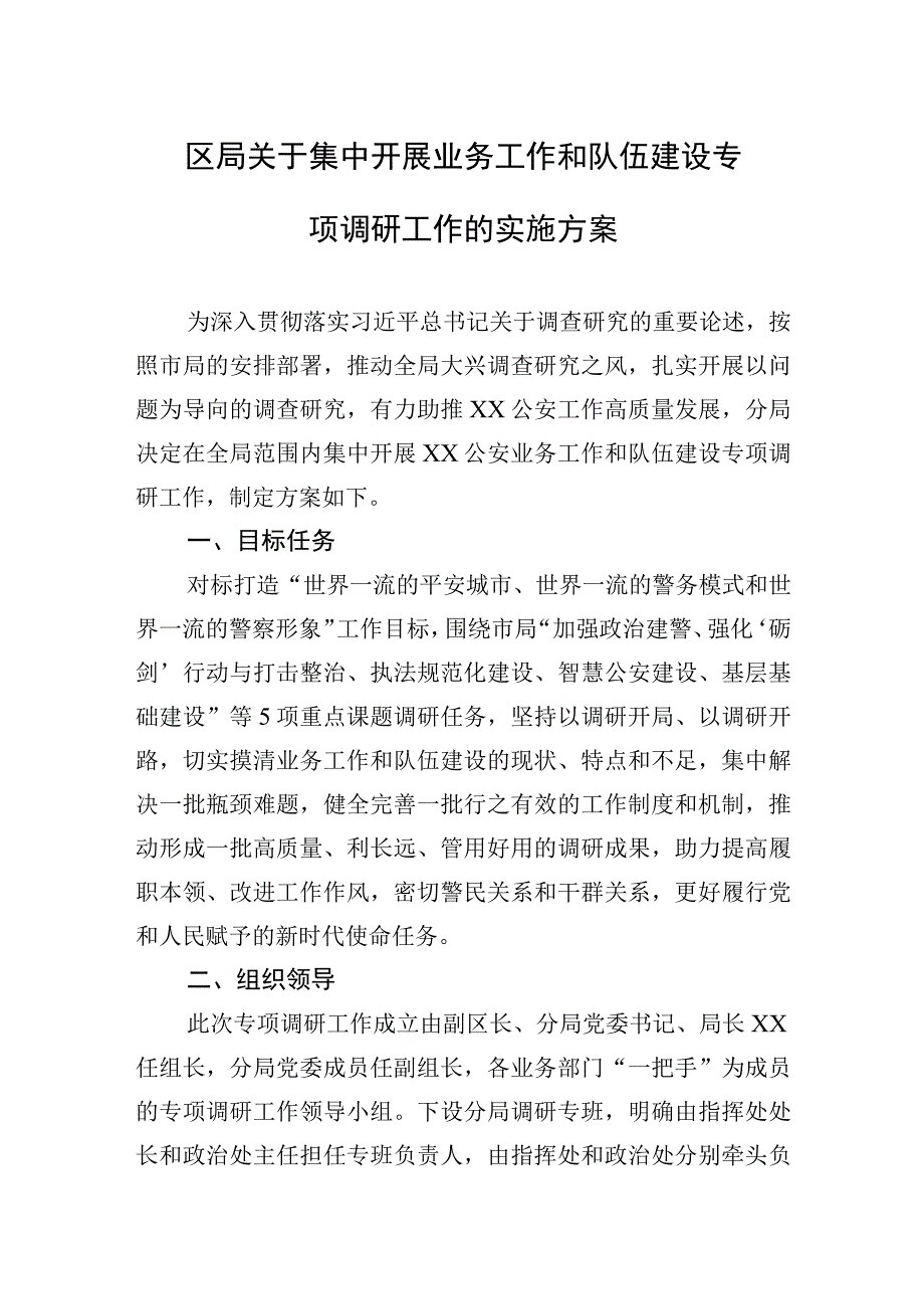 区局关于集中开展业务工作和队伍建设专项调研工作的实施方案.docx_第1页