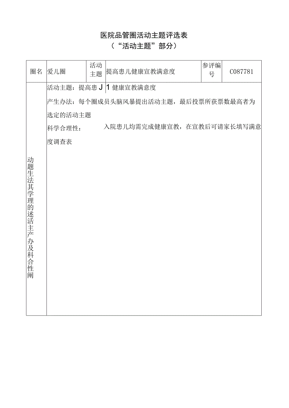 医院品管圈提高患儿健康宣教满意度活动主题评选表.docx_第1页