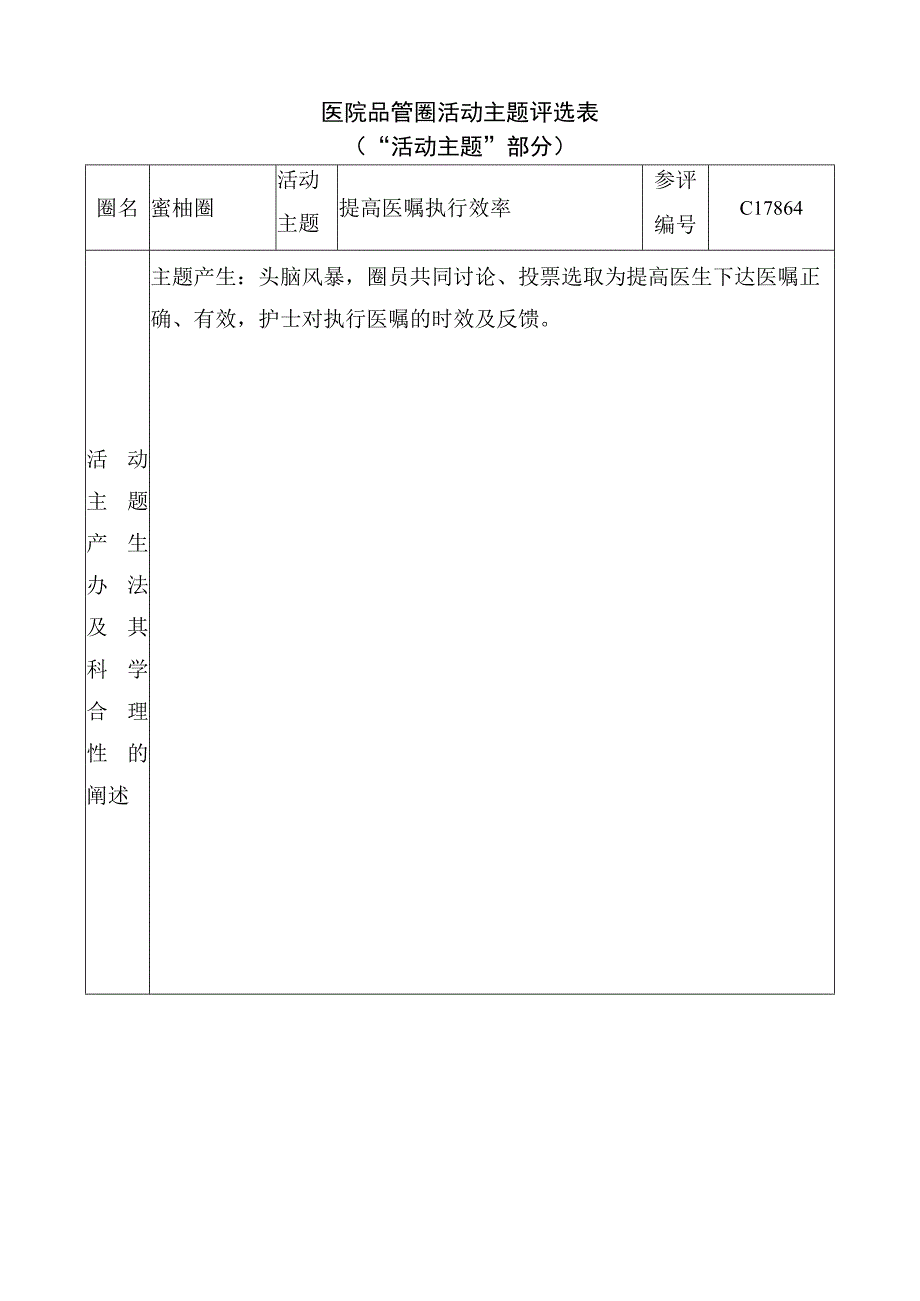 医院品管圈提高医嘱执行效率活动主题评选表.docx_第1页