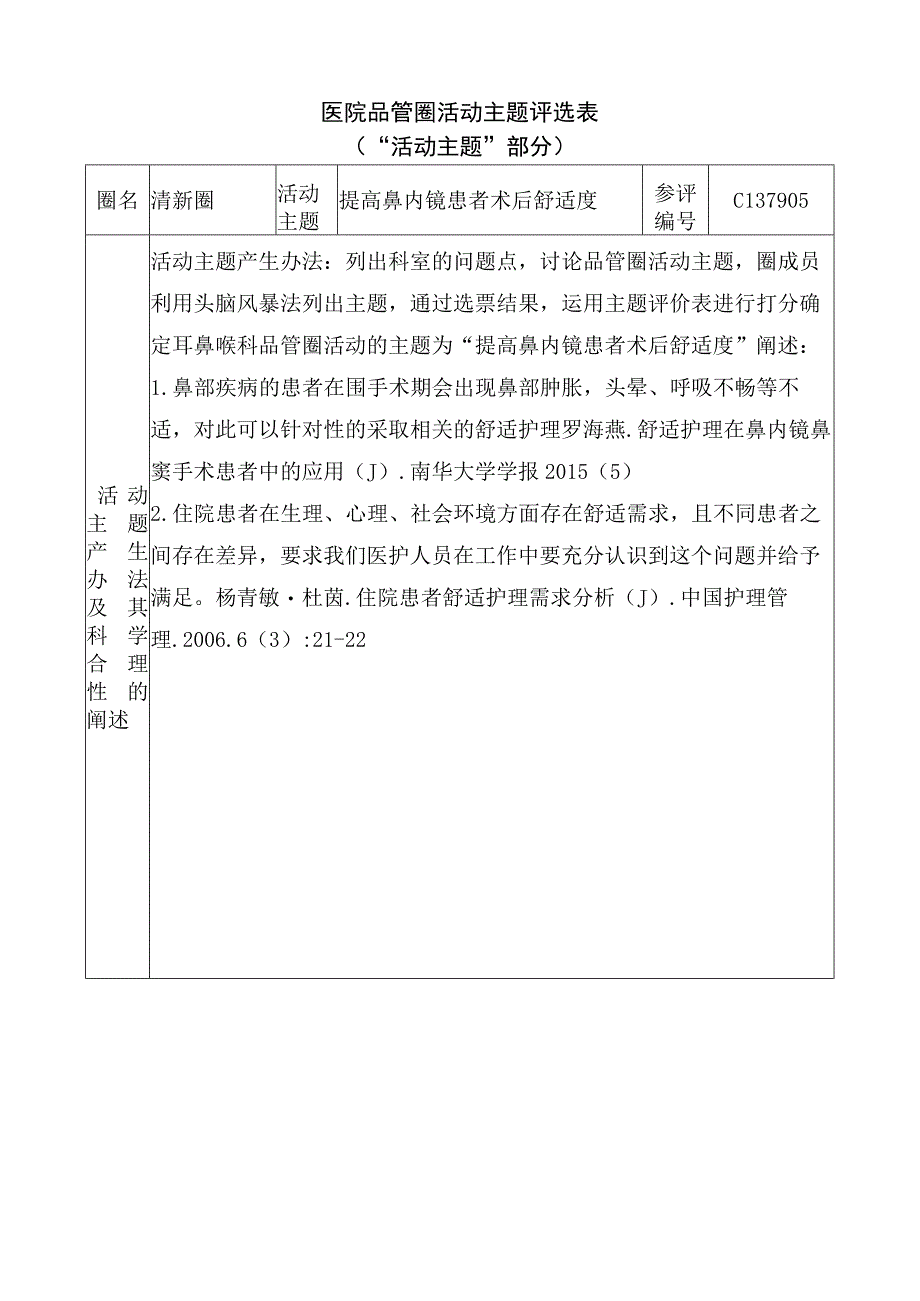 医院品管圈提高鼻内镜患者术后舒适度活动主题评选表.docx_第1页