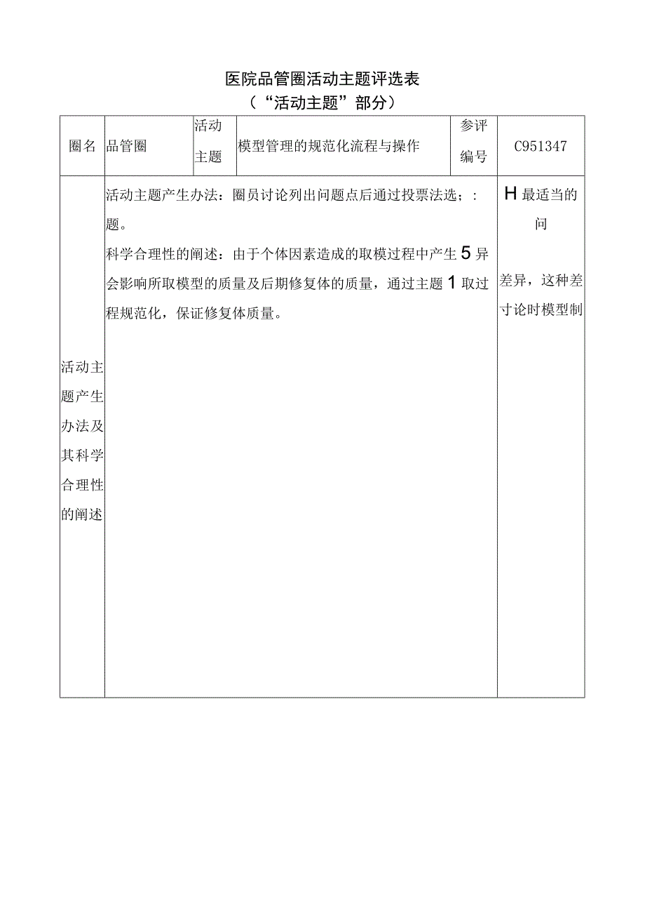 医院品管圈模型管理的规范化流程与操作活动主题评选表.docx_第1页