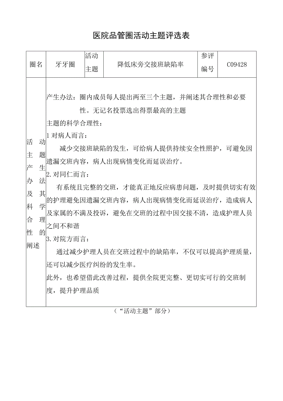 医院品管圈降低床旁交接班缺陷率活动主题评选表.docx_第1页